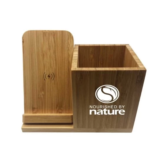 Bamboo pen holder with wireless charger